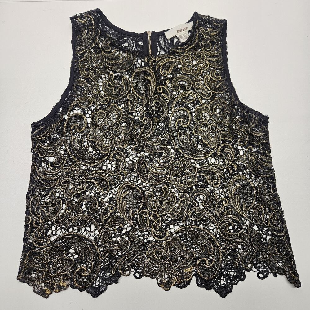 Vtg Sans Souci Black and Gold Metallic Lace Sleeveless Party Tank Top Zipper XS
